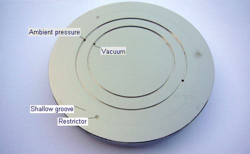 Vacuum-preloaded air bearing, simple orifice feed — fixed reference geometry — original diagram from /calculators/c12_6b.htm
